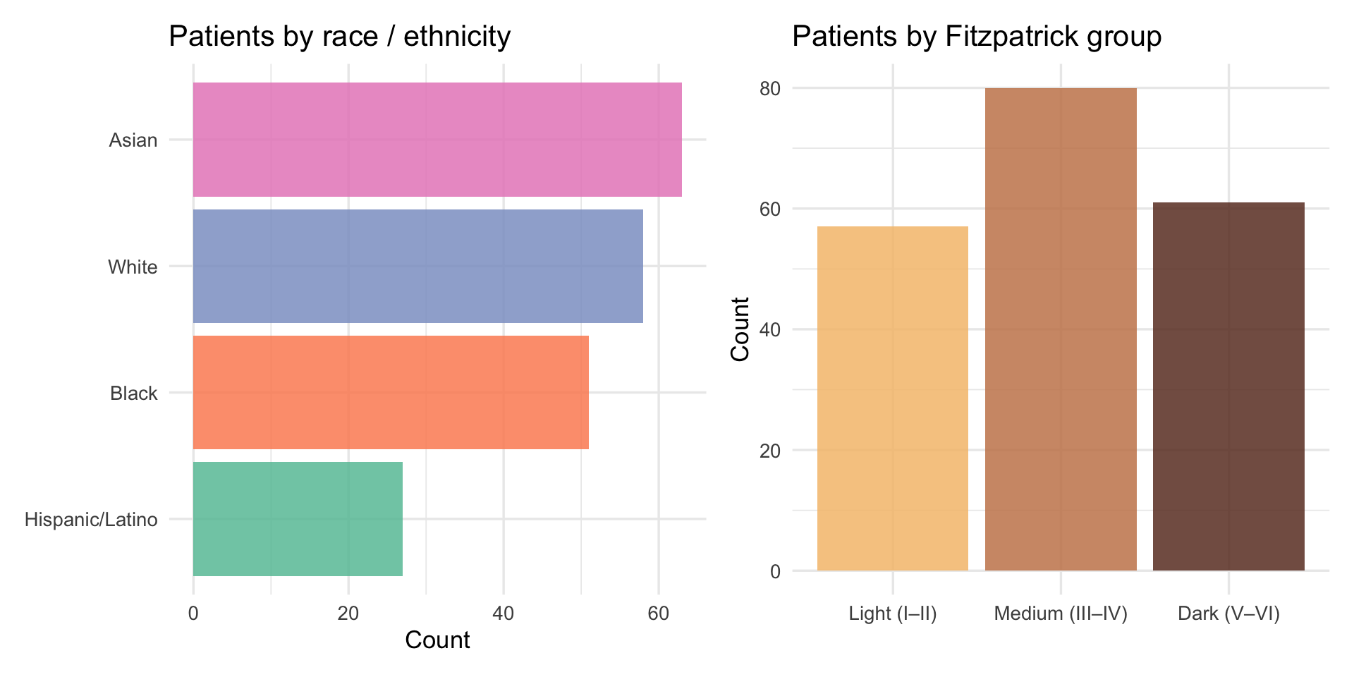 Bar charts of patients by race and by Fitzpatrick skin tone group